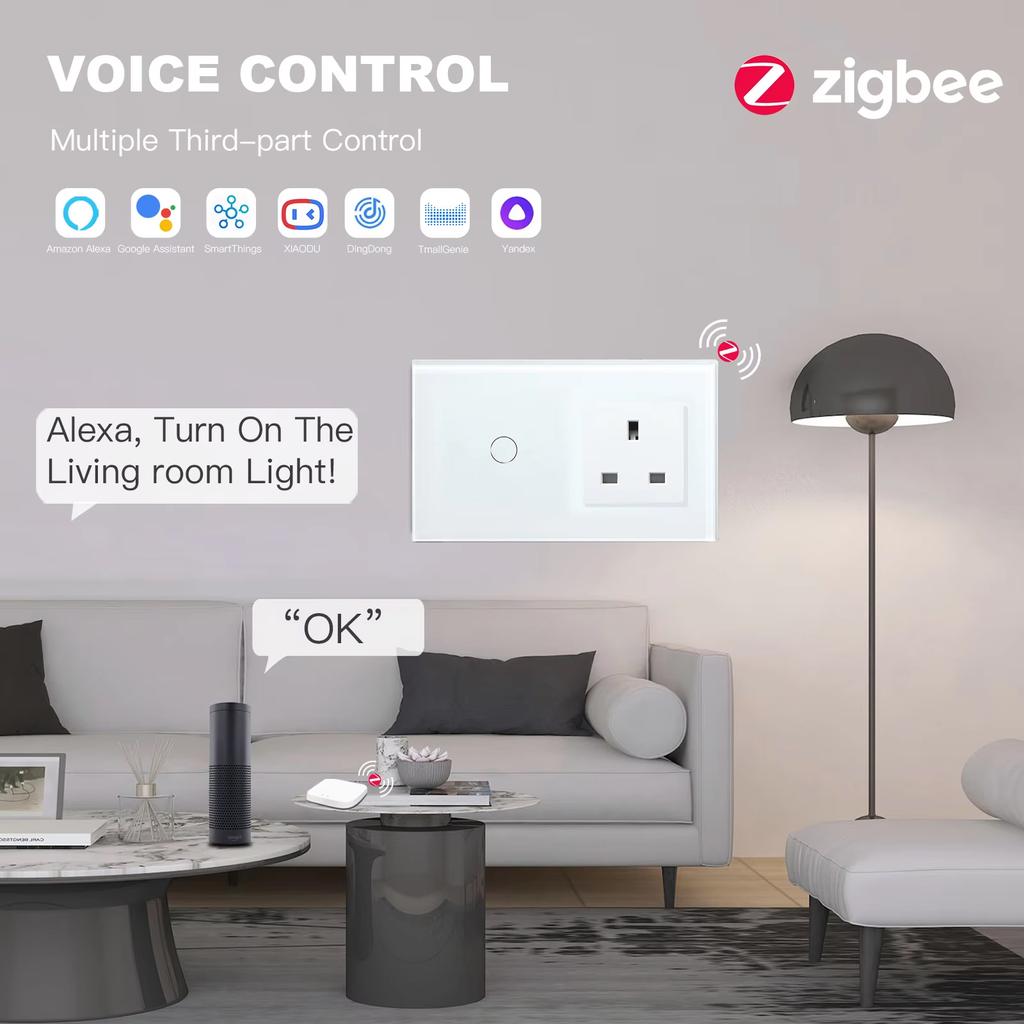 BSEED Zigbee 1/2/3Gang Touch Light Switches Tuya Smart Life App Control With Normal UK Standard Power Sockets 13A Glass Panel