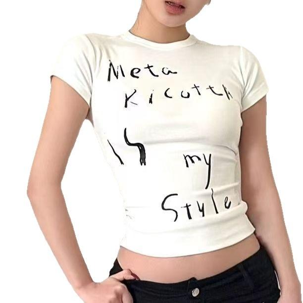 Popular Summer Short-sleeved Women's New Printed Fashion Korean Version Slim-fitting and Thin Letter Waist Top Slim-fitting