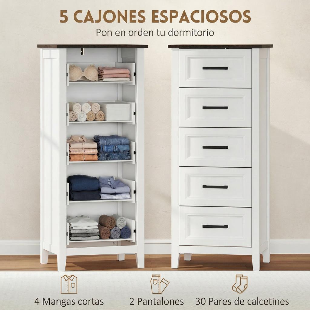 Narrow and Tall Bedroom Chest of Drawers with Wood-Effect Top Dresser for Small Spaces 45x35x106 Cm White
