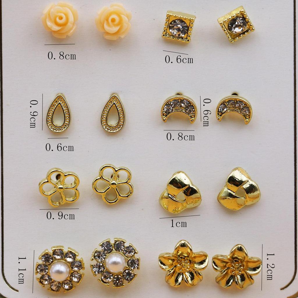 8-Pair Gold-Plated Rhinestone Alloy Ear Stud Set - Eco-Friendly, Versatile, Personality Trend Women's Earrings