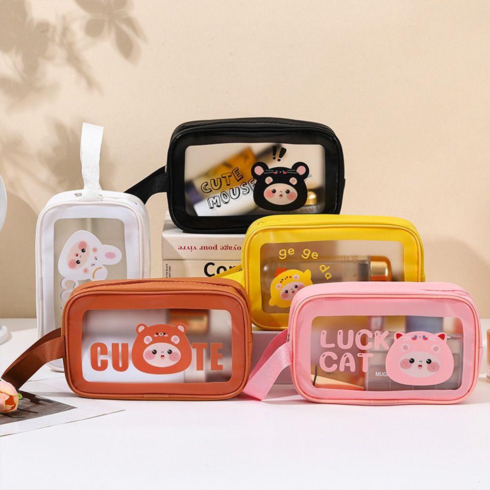 Portable PU Makeup Bag Transparent Large Capacity Travel Toiletry Pouch Cartoon Wet-Dry Separation Wash Bag for Women Girls
