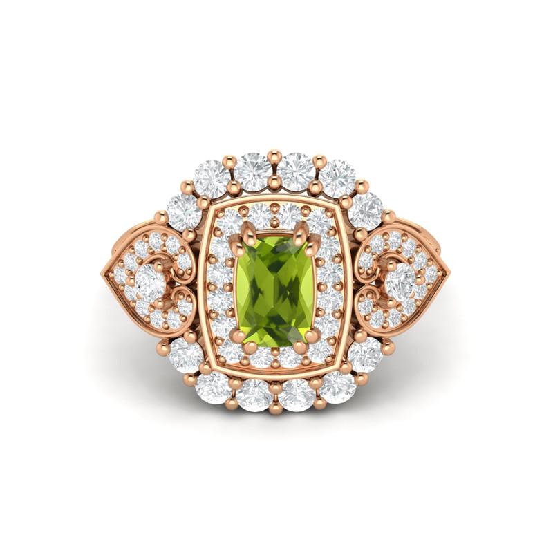 6X4MM Cushion Peridot Gemstone 925 Sterling Silver Rose Plated Solitaire Halo Women Engagement Ring