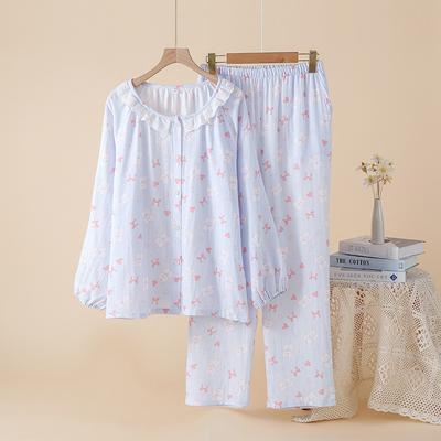 2026 Spring/Summer Women's Pajama Set 100% Cotton Gauze Lace Collar Thin Long Sleeve Sweet and Cute Home Clothes Two Piece Set