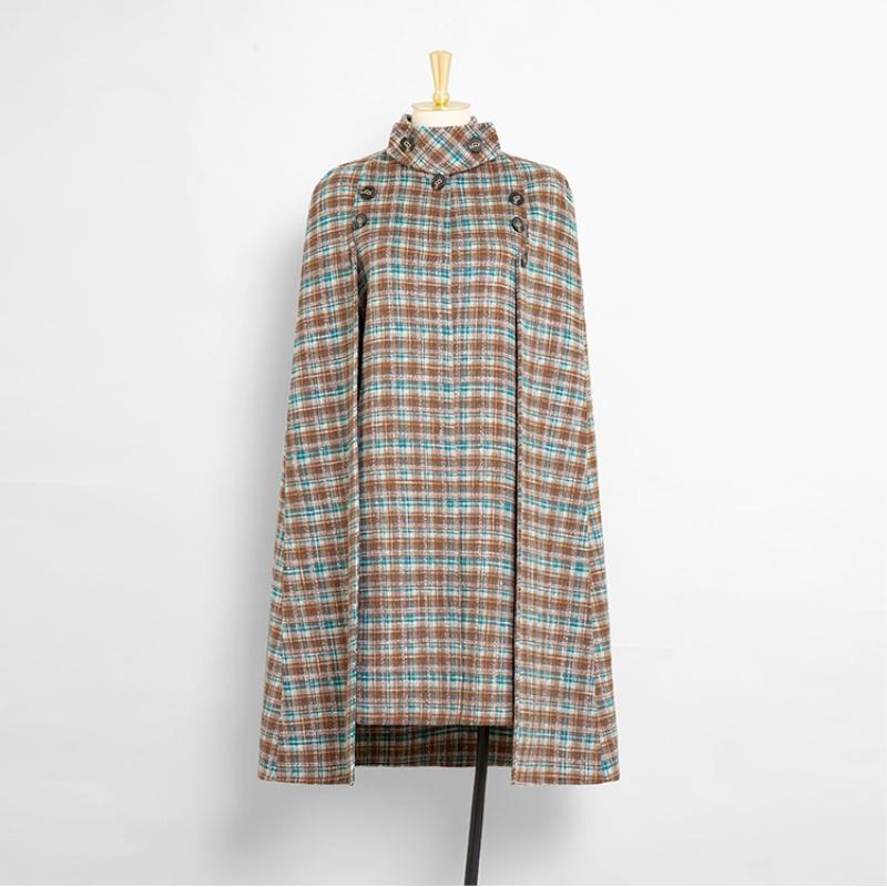 

Autumn Winter Women Elegant Full Sleeve Turtleneck Vintage Plaid Single Breasted Woolen Blends Cape Coat Outerwear XL зелений