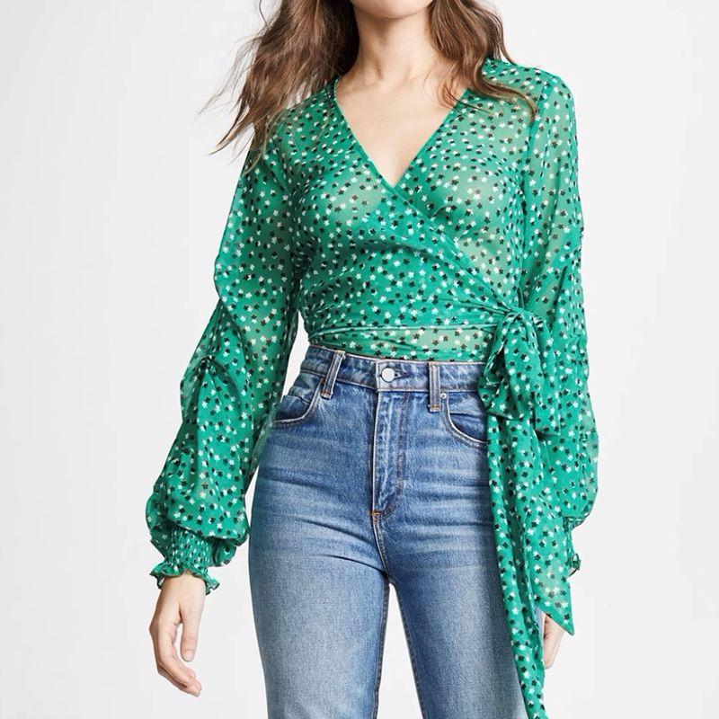 French Floral Chiffon Shirt for Women Niche Style Retro 2025 Summer Sun Protection Shirt V-neck Lace-up Green Long-Sleeved Tops