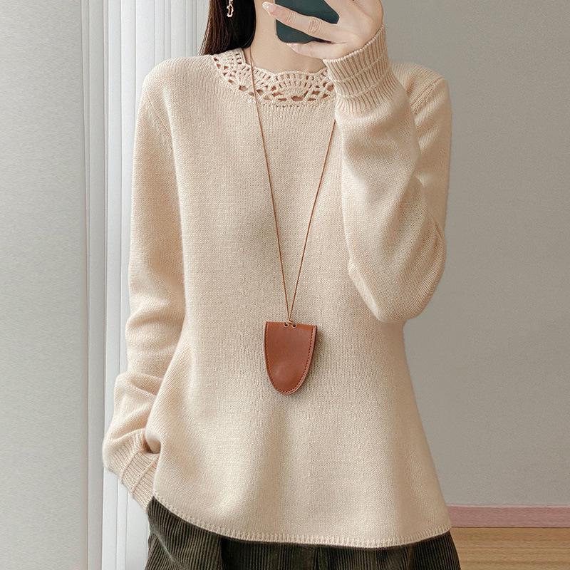 Women's 100% Mercerized Pure Wool Round Neck Pullover Sweater - Handmade Crochet Slimming Knitwear