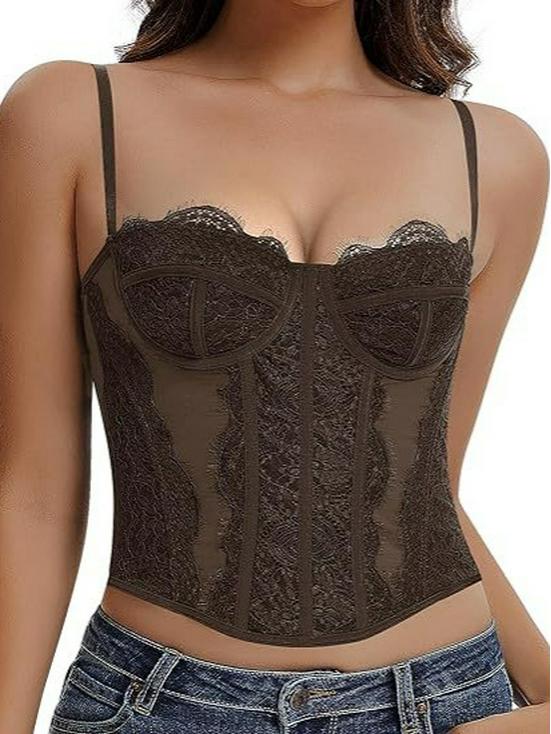 Spicy Girl Eyelash Lace Trim Slim Fishbone Corset Camisole