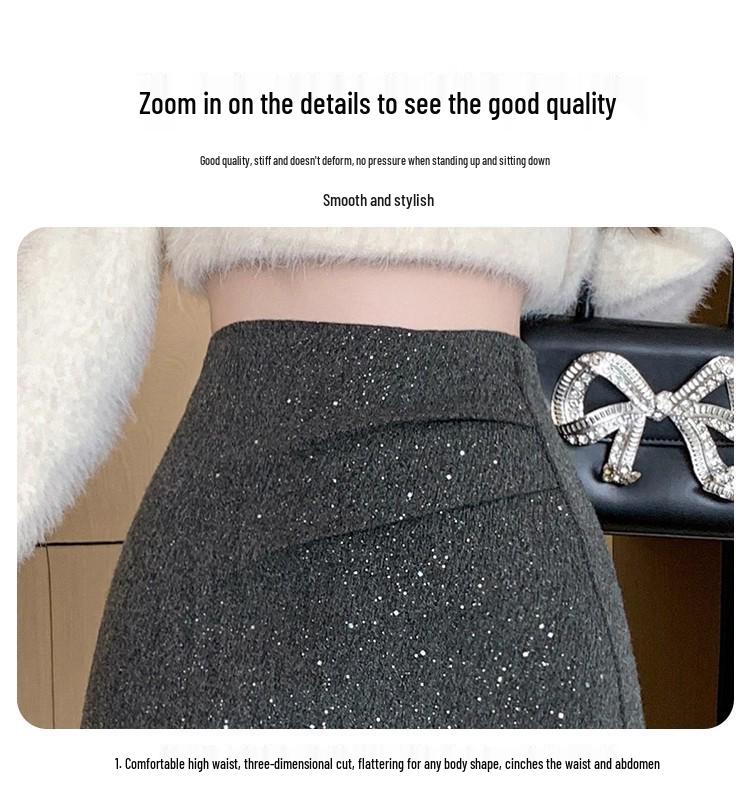 Gray Woolen Sequin Short Skirt - Women's Autumn/Winter 2025 French-Style High-End Design
