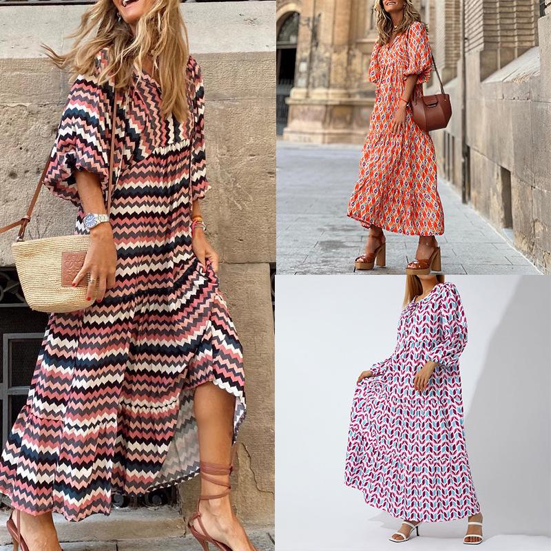 Bohemian Lantern Sleeve Long Print Dress with Large Hem for Women