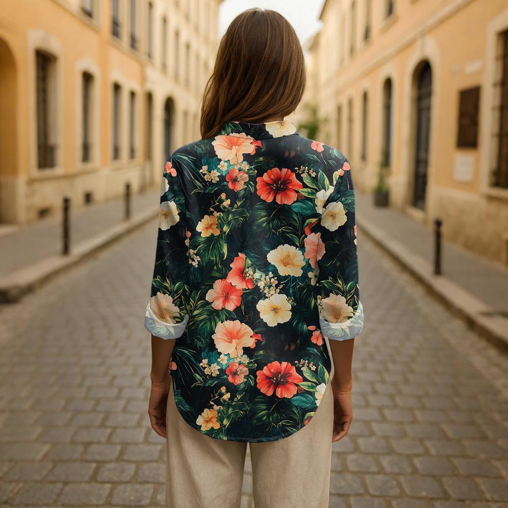 Women's Casual Spring And Summer Loose Printed Casual Sleeved Lapel Pullover Shirt