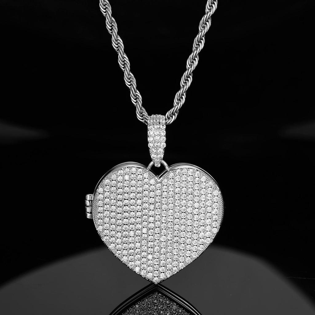Trendy Heart-Shaped Zircon Photo Pendant Necklace - European & American Hip Hop Style