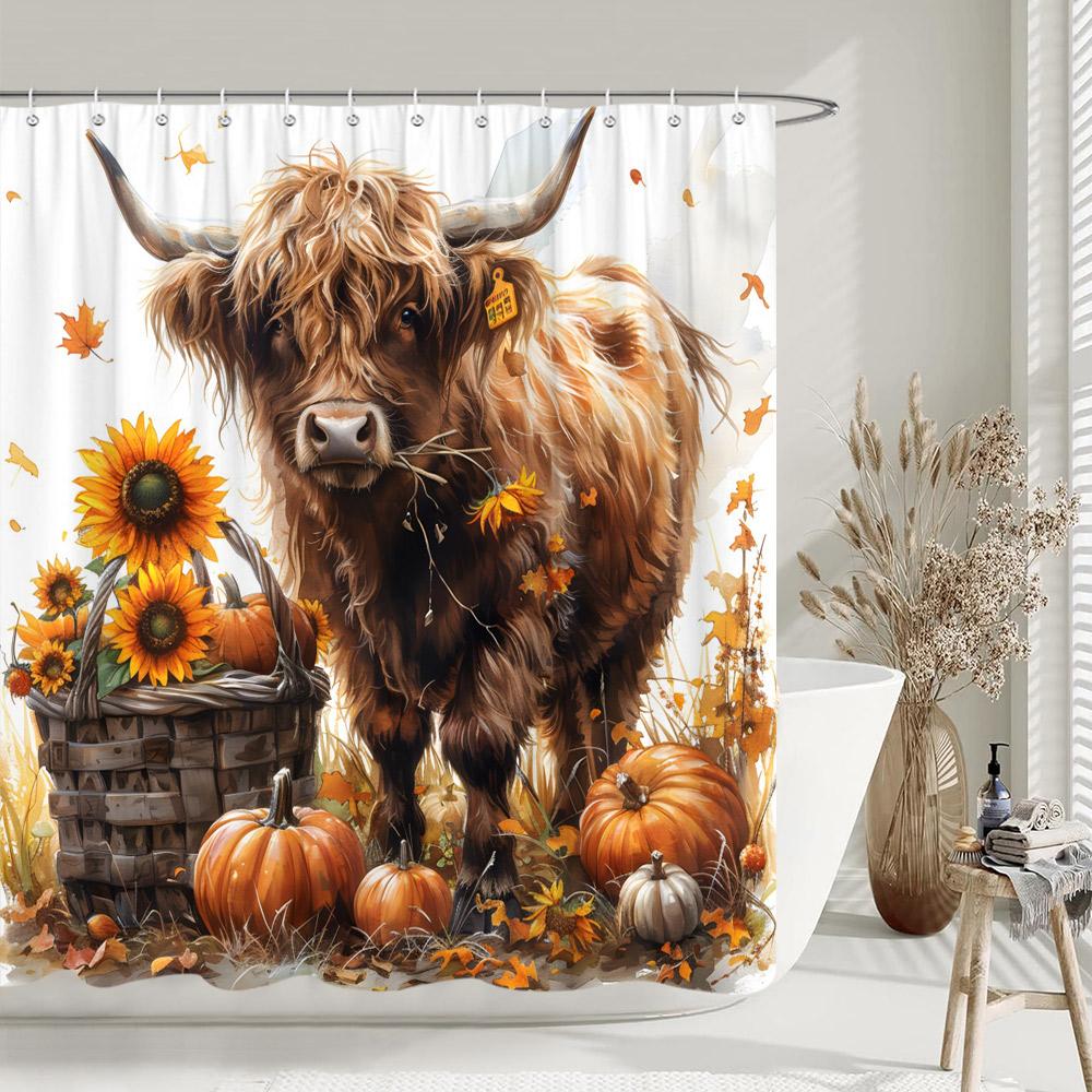 Rustic Farms Pumpkin Shower Curtain Thanksgiving Autumn Sunflower Polyester Fabric Shower Curtain Bathroom Decorative with Hooks