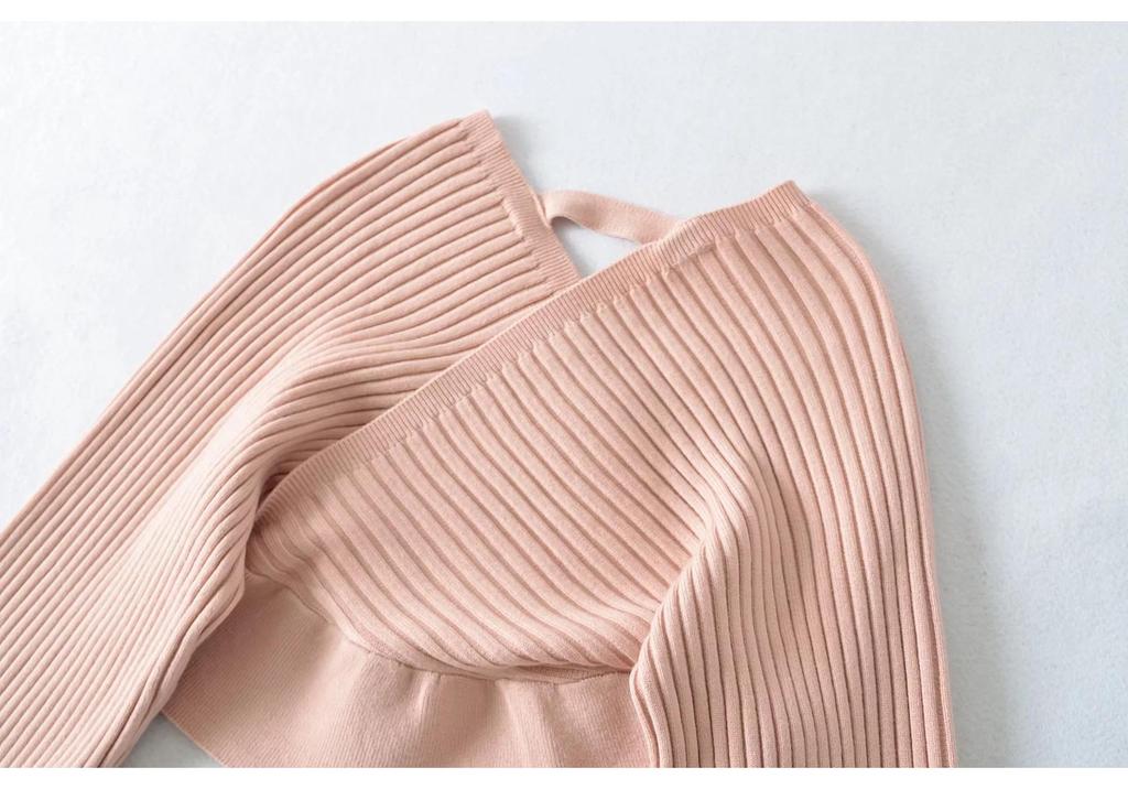 Women's One-Shoulder Long Sleeve V-Neck Waist-Cinching Knit Sweater - Slimming Ribbed Off-the-Shoulder Top