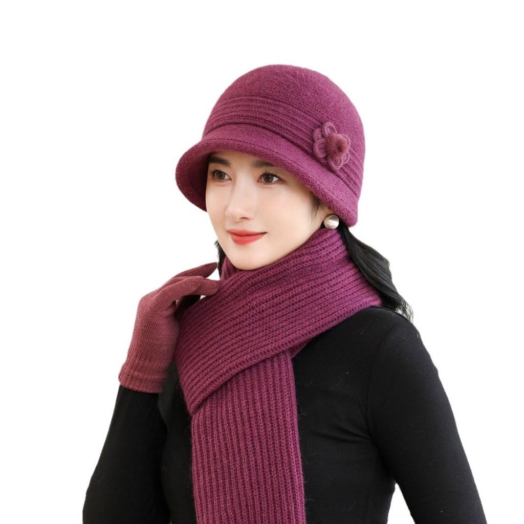 New Autumn and Winter Warm Rabbit Hair Hat Woman Mother Hat Set Old Lady Thickened Pot Hat Fashionable