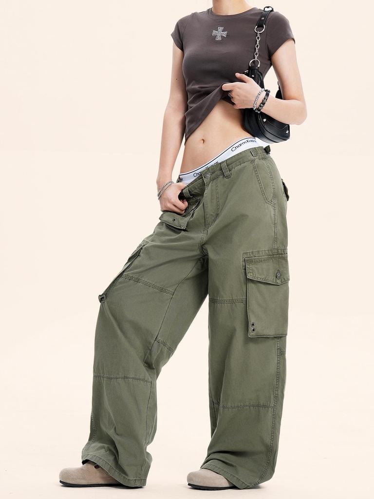 Yongfang Unisex Retro Spodnie Casualowe z Wysokim Stanem i Wieloma Kieszeniami z Kontrastowymi Przeszyciami.