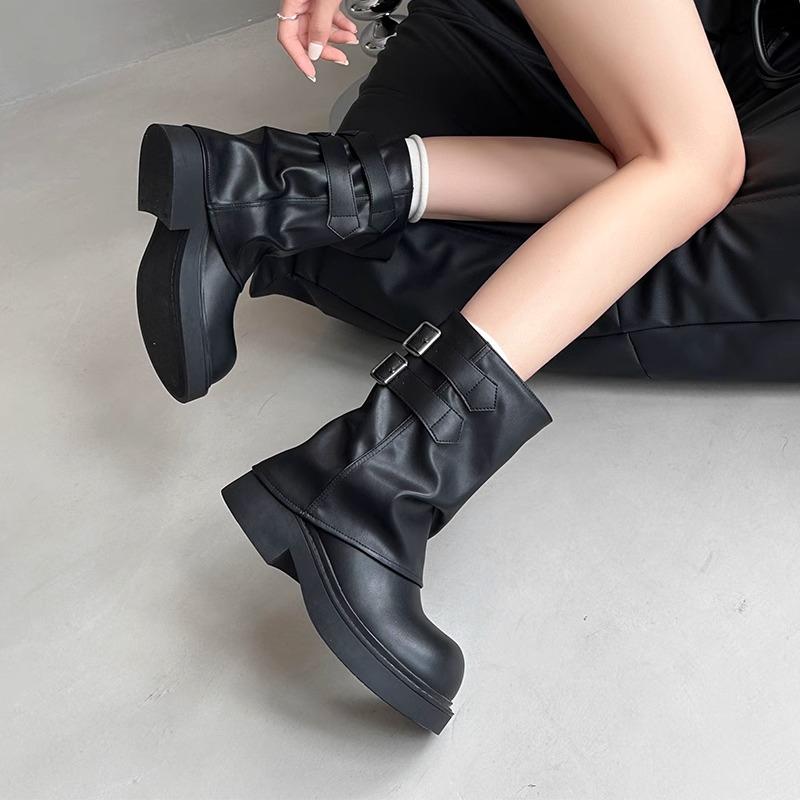 Fashion Fashion Vintage Belt Buckle Women Western Ankle Boots Concise Square Heels Shoes Autumn Laides Short Booties