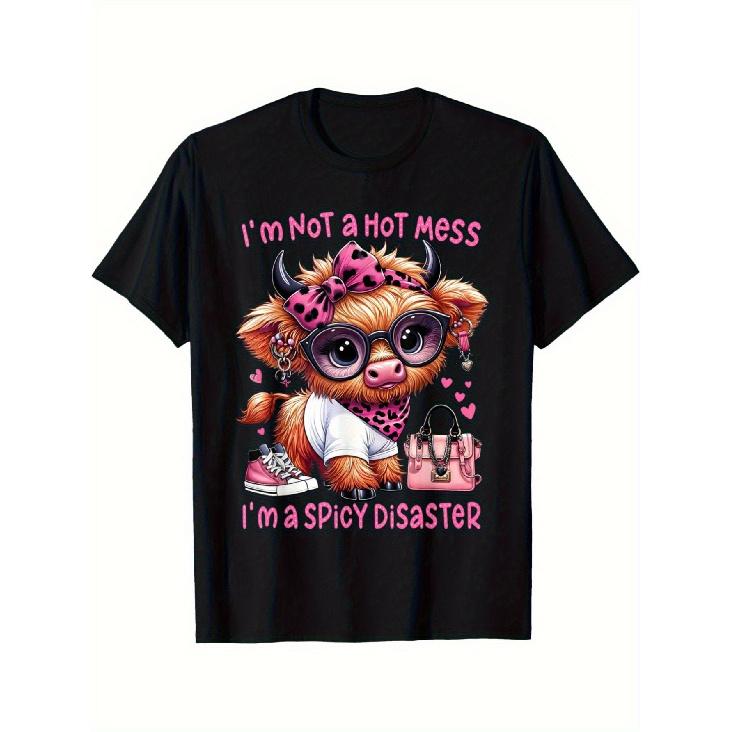 I m Not a Hot Mess I m a Spicy Disaster Funny Highland Cow T-Shirt - Trendy Pink Bow & Sunglasses Fluffy Cow Graphic Tee, Black Casual Crew Neck S