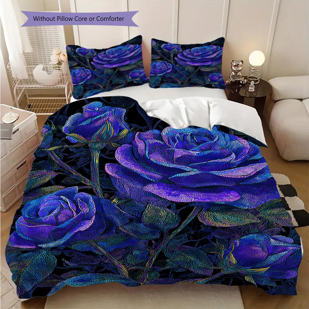 Blue Rose Pattern Bedding Quilt Set Quilt Cover Pillowcase Home Decoration Birthday Gift (1 * Duvet Cover + 2 * Pillowcase, Without Core)