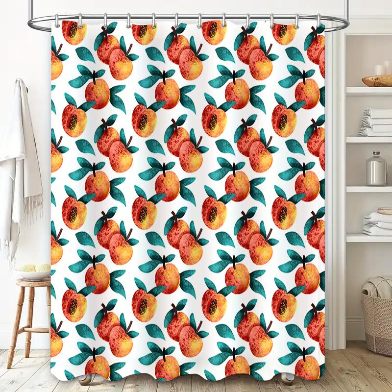 Vintage Peach Pattern Shower Curtain Watermelon Fruit Design for Bathroom Decor White Fabric Shampoo Bag with Hooks Set (210x180