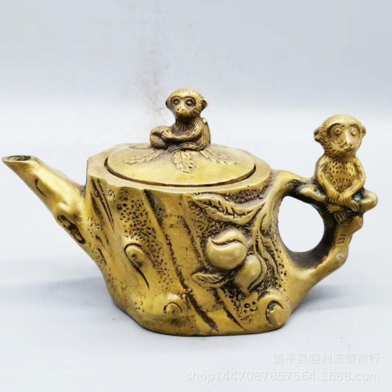 Copper with Fish On Bamboo Monkey Pot Home Decoration Metal Craft Chinese Style Money Mouse Ornament