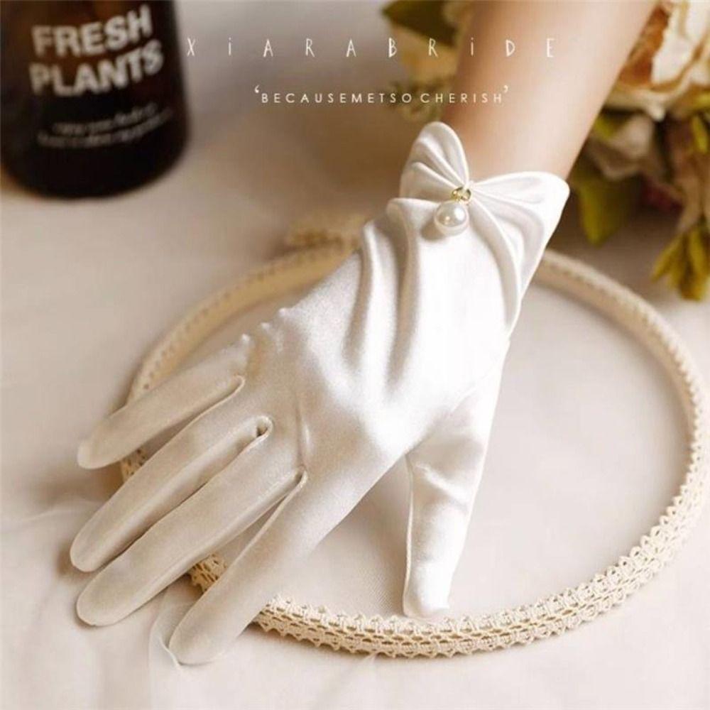 1 Pair Mesh White Satin Gloves Wedding Short Glove Lace Gloves Women Bow Knot Gloves  Cosplay