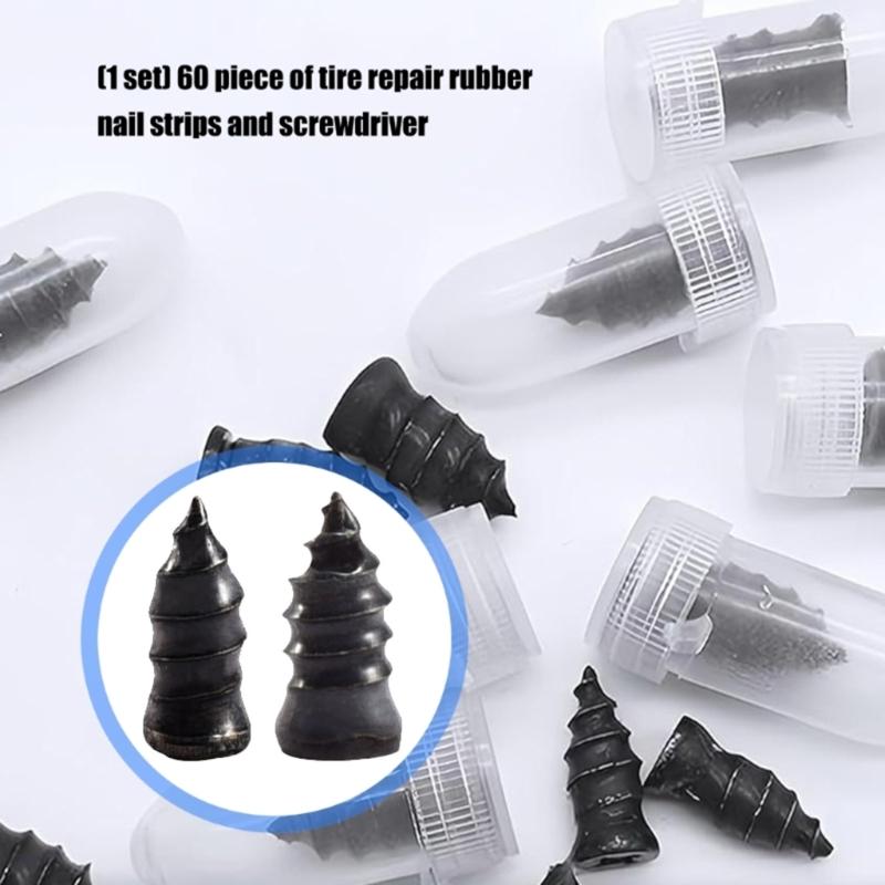 60Pcs Heavy Duty Tire Repair Rubber Nails And Screwdriver Set Suitable For Automobile Motorcycle Leakage Emergency Fix