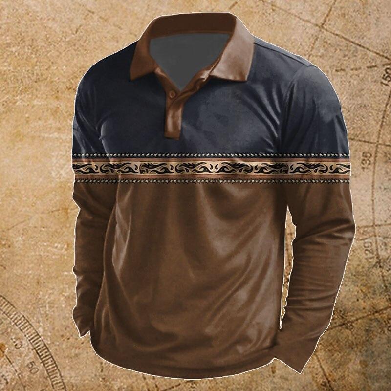 Stylish Long Sleeve Polo Shirt with Tribal Geometric Pattern