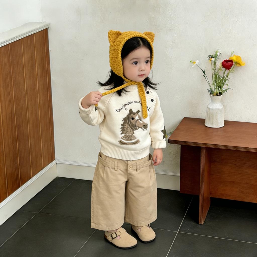 Girls Early Spring Suit Baby Clothes Cute Cartoon Knitted Sweater Horse Baby Fashion Wide Leg Pants