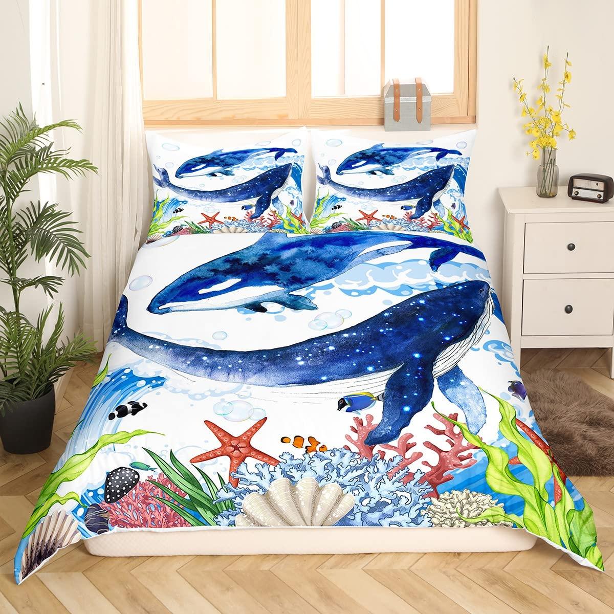 3D Walvis Koning Koningin Dekbedovertrek Marineleven Beddengoedset Teal Zee Dier Dekbedovertrek Oceaan Nautisch Polyester Dekbedovertrek EU single(135x200cm)