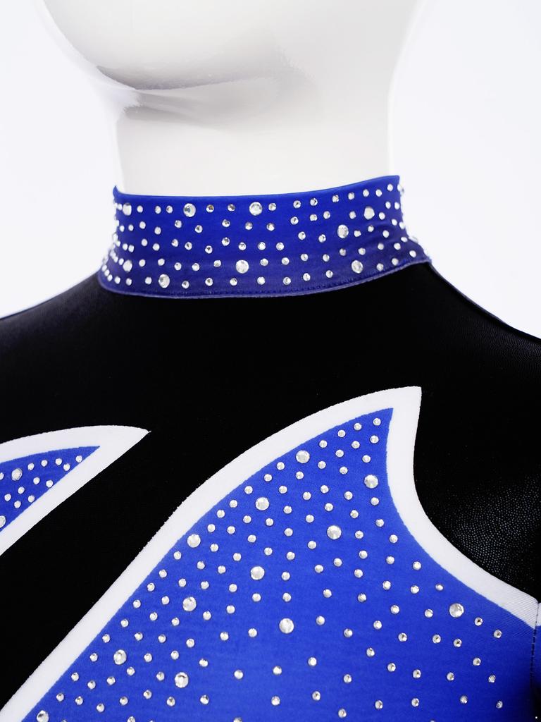 Kids Gymnastics Costume Color Block Bodysuit Mock Neck Long Sleeve Shiny Rhinestones Back