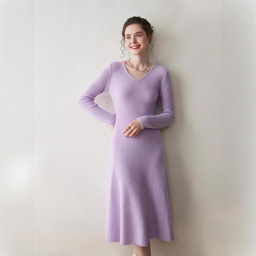 Women's Slimming V-neck Cashmere Knit Dress - Long Wool Dress for Autumn/Winter