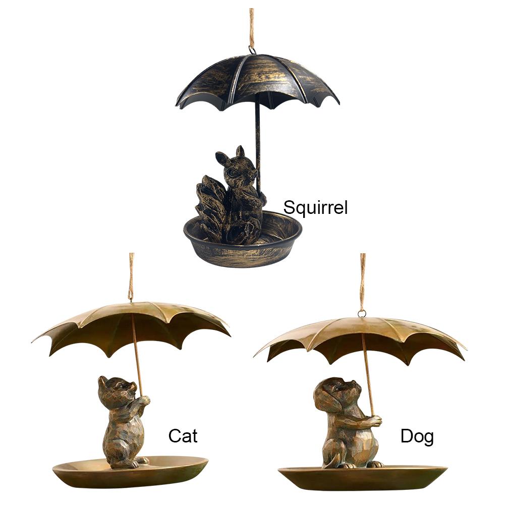 Squirrel/Cat/Dog Metal Bird Feeders Animal Holding Umbrella Bird Feeder Set Hanging Bird Feeder Dish for Yard Patio Landscape