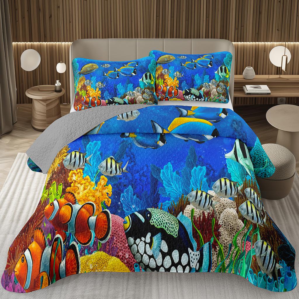 Fish Bedspread Twin Queen Ocean Marine Theme Coverlet Set for Boys Girls Teens Room Soft Lightweight Sea Animal Quilted Bedding