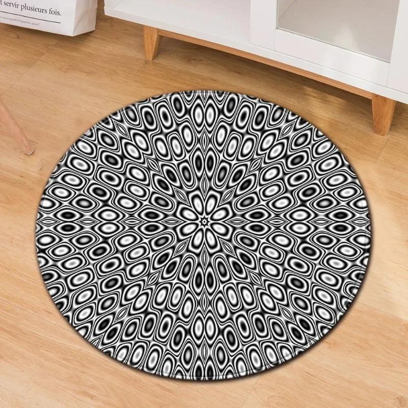 3D Psychedelic Illusion Round Carpet Geometric Rugs Living Room Door Mat Coffee Table Black and White Stereo Vision Floor Mats