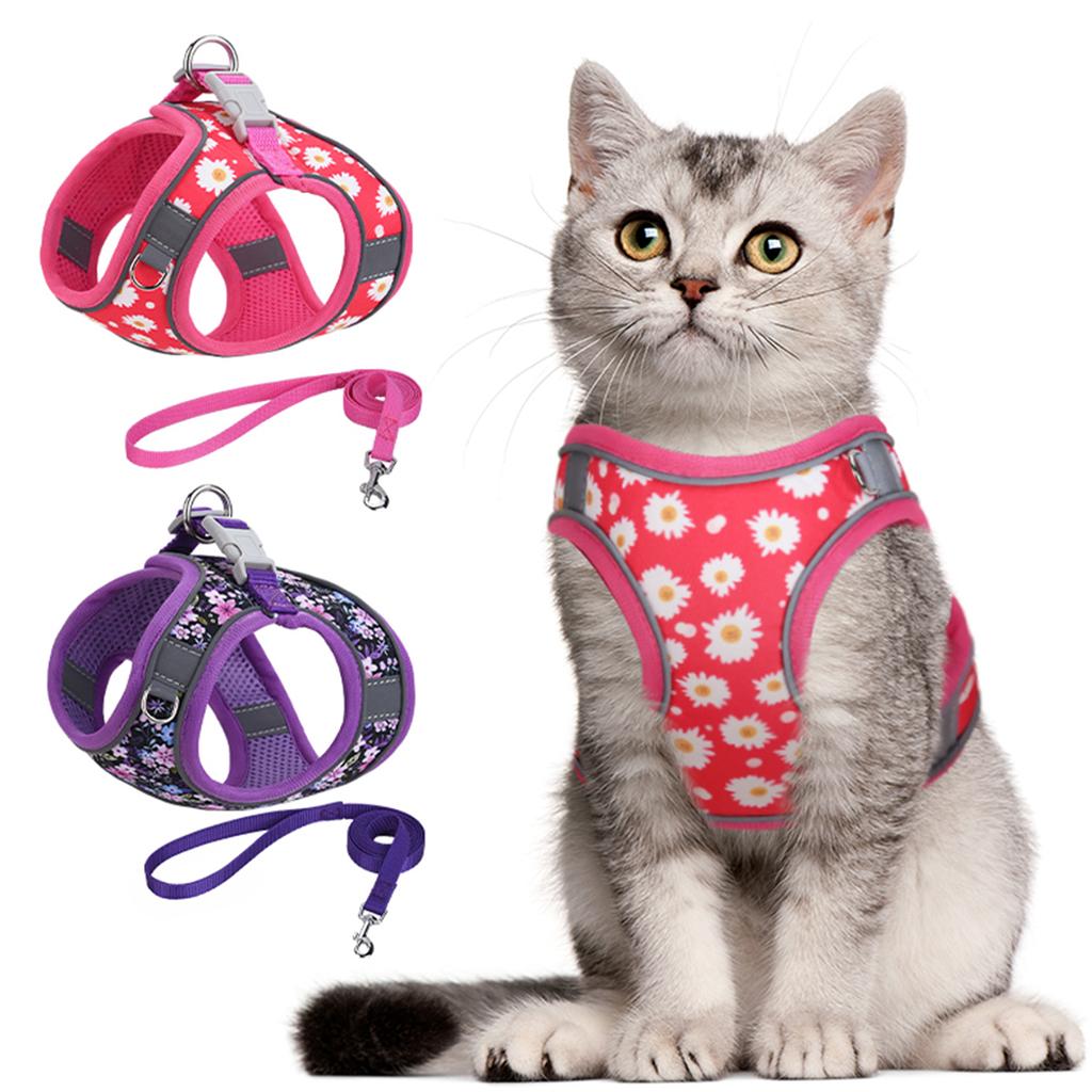 HP404--flower printed pet dog&cat harness, comfortable twill fabric and breathable mesh substrate, 1.5-meter dog rope.