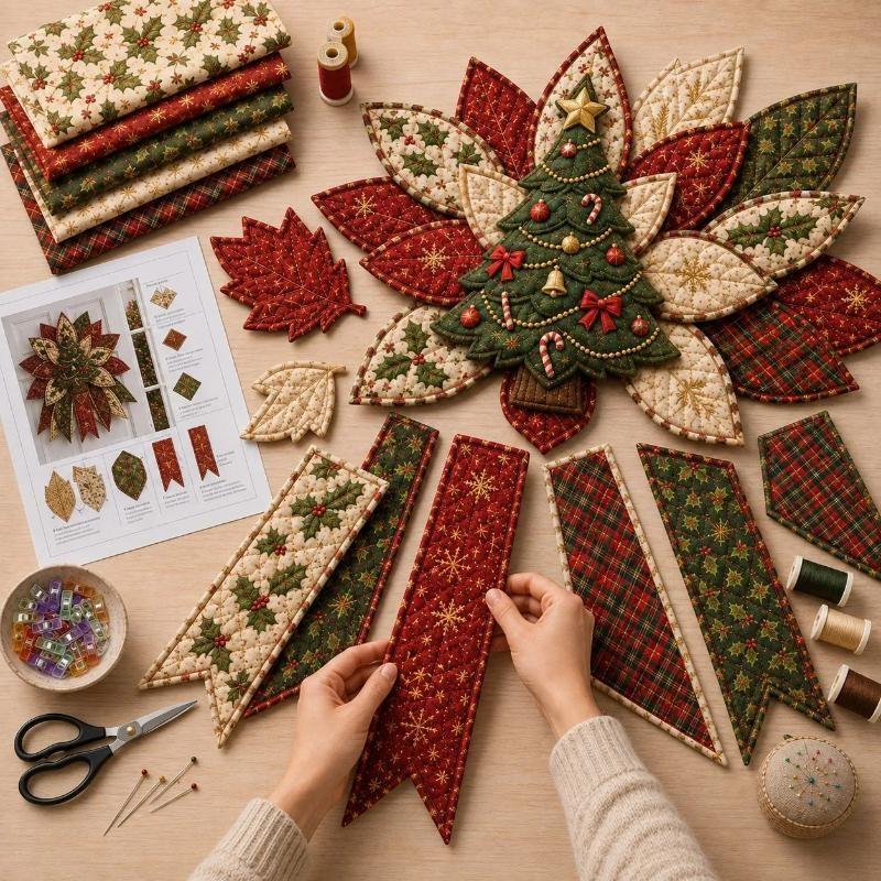 1 Set Christmas Door Hanging Wreath Quilted Fabric Gingerbread Poinsettia Tree Diy Sewing Kit Holiday Craft Home Decor Gift