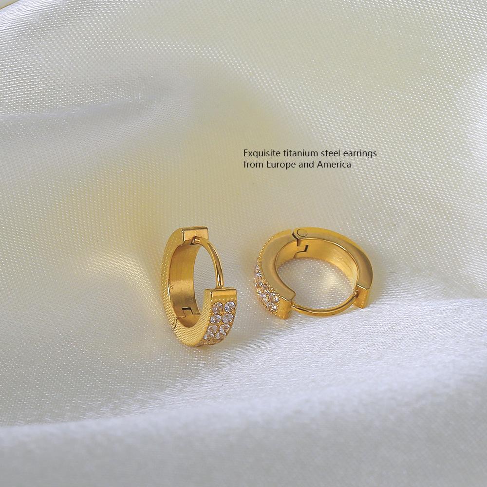 Titanium Steel Gold Double C Full Diamond Zircon Earrings Women's Stainless Steel Earrings Geometric Earrings Light Luxury Premium Earrings