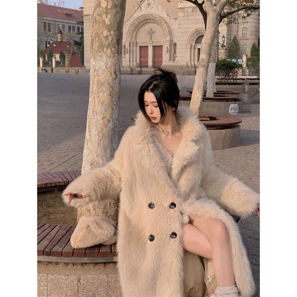 Módní dámský kabát Prodloužená verze Kožešinový límec Nad koleno Nový Podzimní a Zimní Vysokoškolský styl Teplý prošívaný kabát