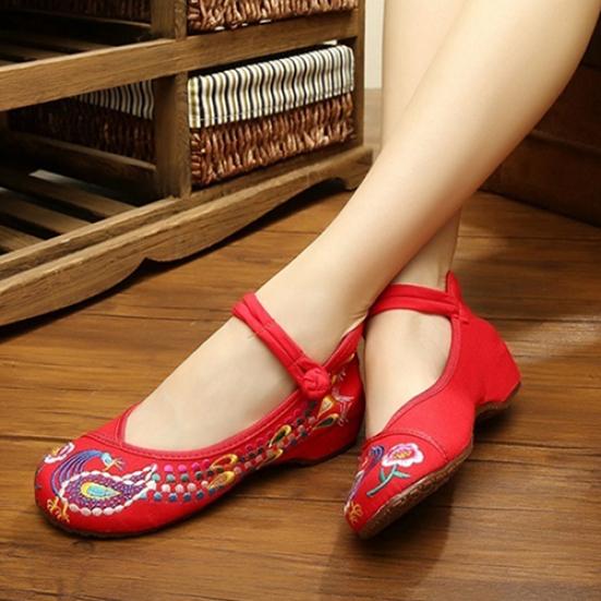 Women's Chinese Old Peking Style Phoenix Flower Embroidered Mary Jane Flat Shoes