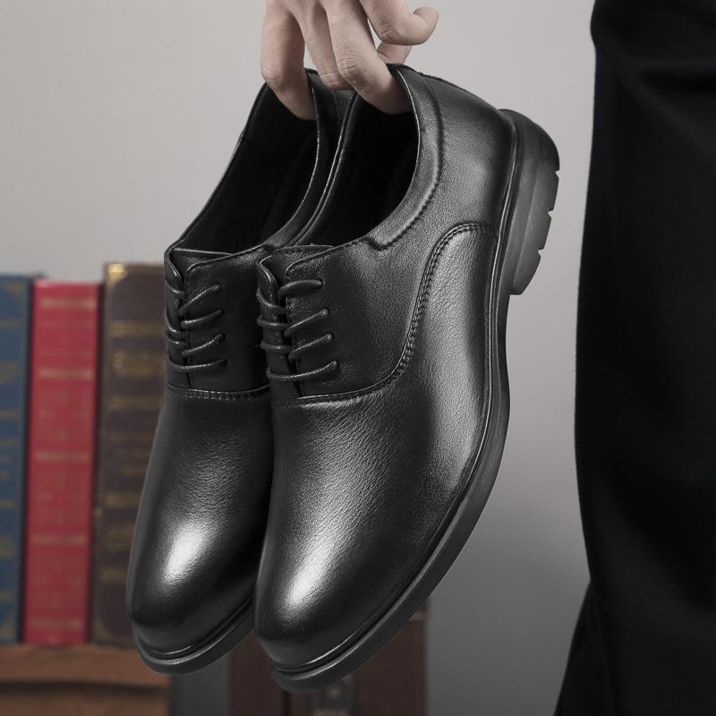 Men's shoes business leather shoes dress casual shoes spring low-top lace-up pure black leather cowhide large size gentleman