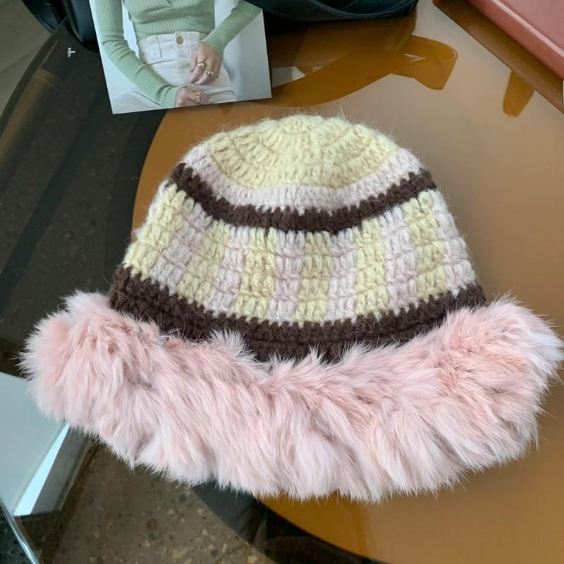Fashion Rabbit Fur Patchwork Knit Bucket Hat Women Warm Fall Winter Large Head Size Face Slimming