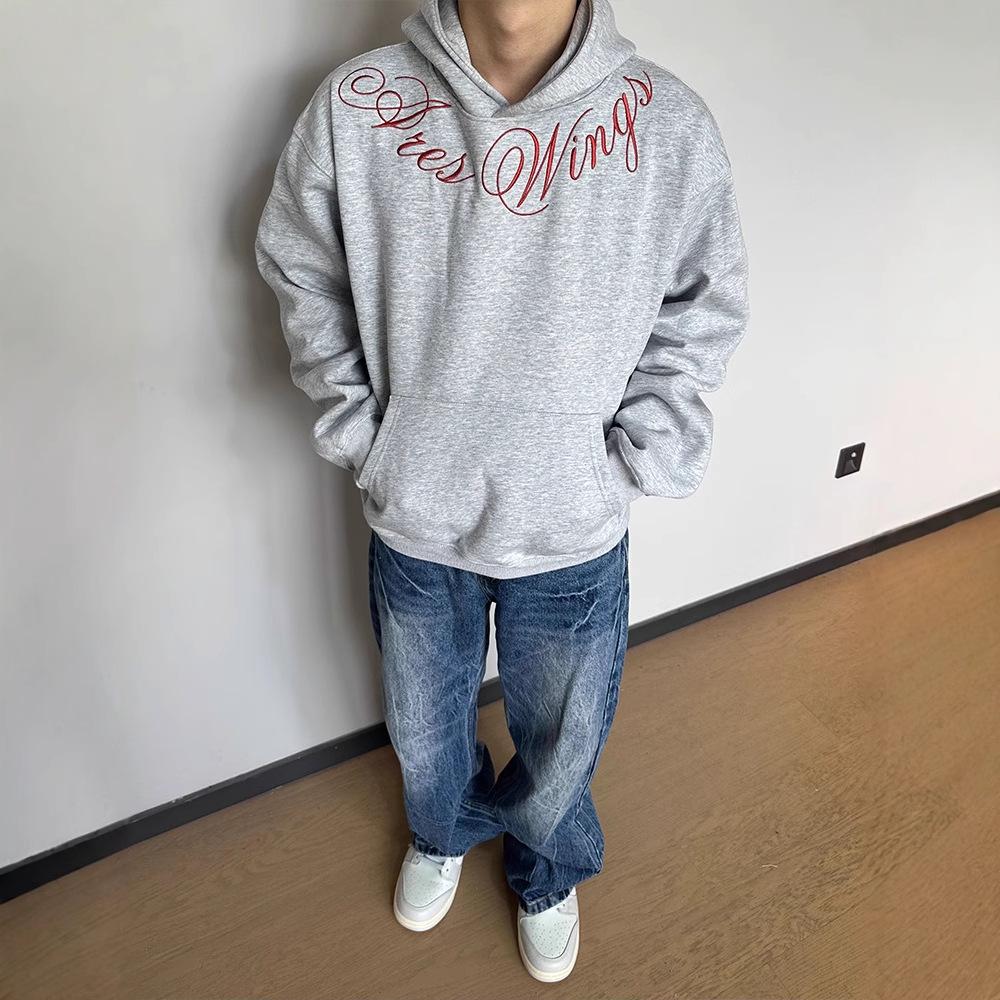 

Осень и Зима Дизайн с вышивкой букв Чувство Толстовка с капюшоном Мужская Красивая Уличная Свободная Дикая Толстовка с длинным рукавом. XXL серый
