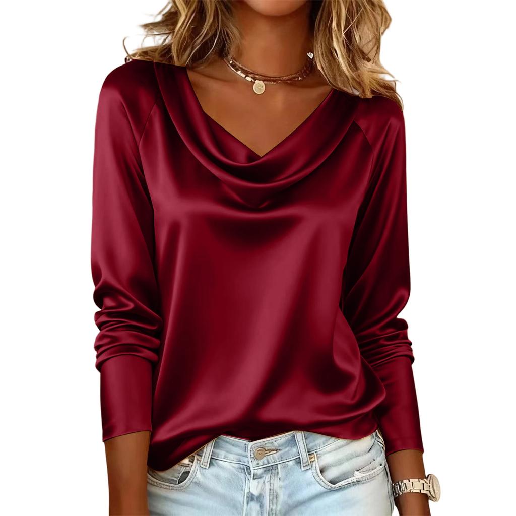 Fashionable Women's Versatile Long-sleeved Blouse With A Draped Neckline, Perfect For Spring Andcommuting.