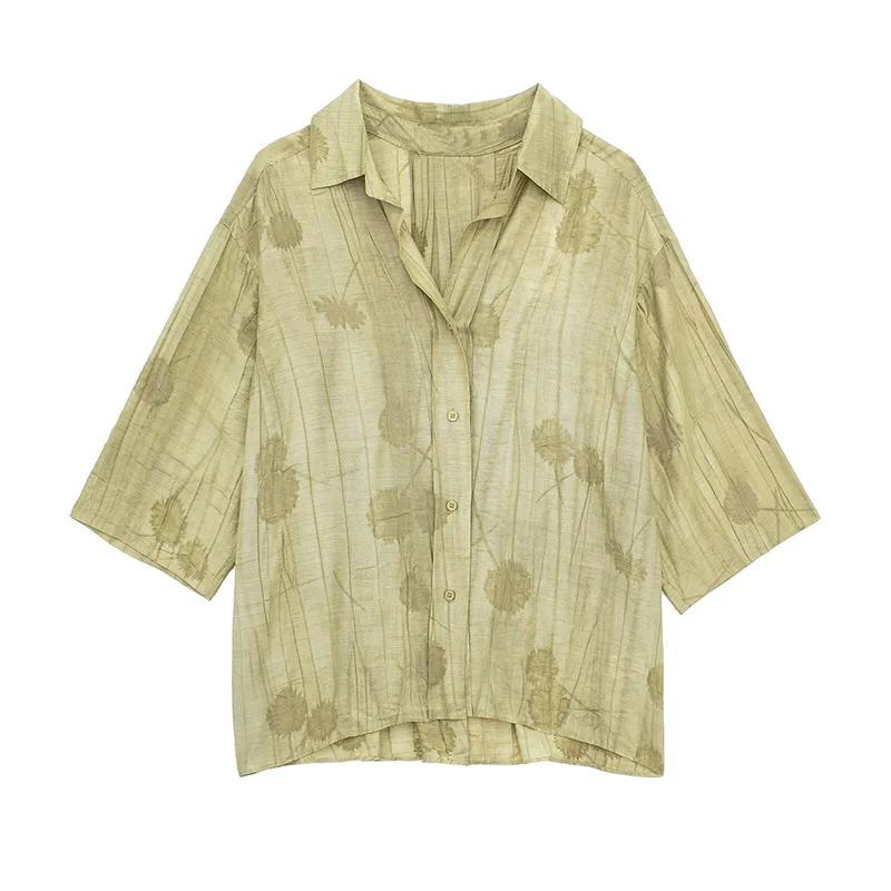 New Linen Tie-dye Print Long Pants Sets For Women Lapel Half Sleeve Single Breasted Shirts Drawstring Wide Leg Pant 2 Pieces Set