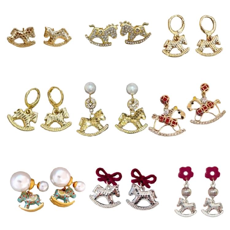 Unique Horse Theme Ear Studs Gold Finish and Stones Adorned for Parties Formal Event Elegant