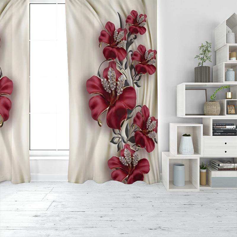 2pcs- Passionate Red Flower Polyester Curtains, Bathroom, Bedroom, Living Room, and Family Room Decorative Curtains