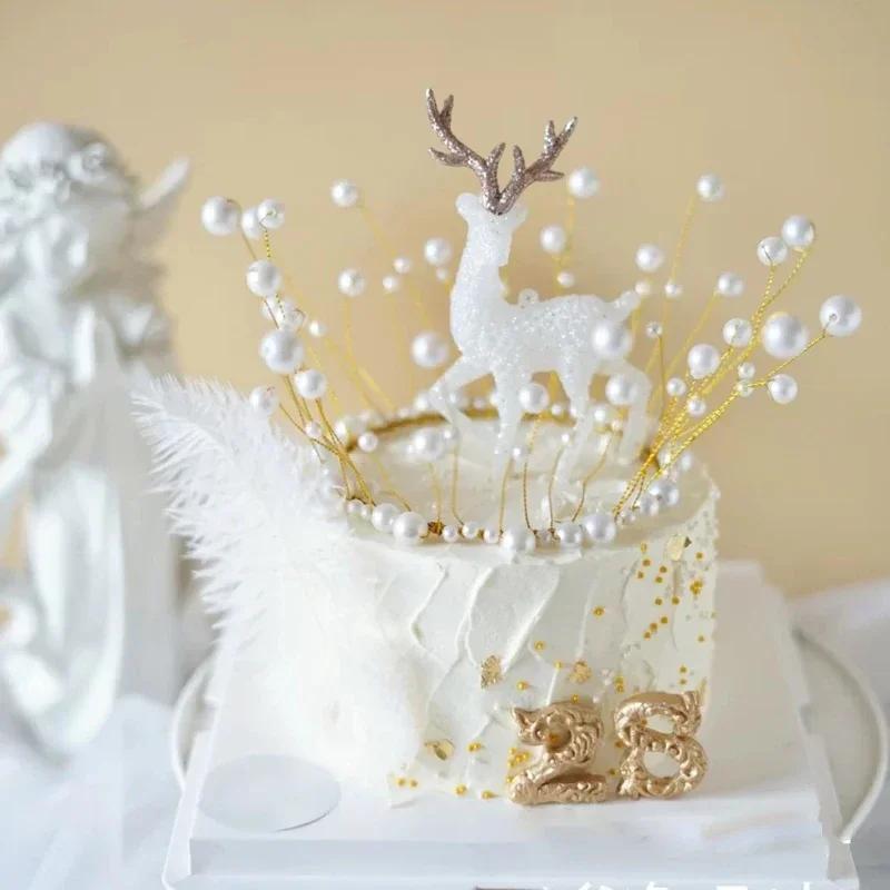 Christmas White Standing Deer Dolls, Plastic Deer Cake Topper, Xmas New Year Cake Decoration Tools, Party Supplies