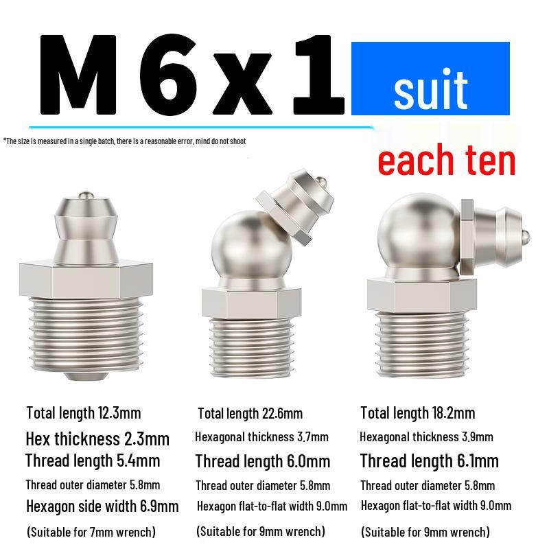 Nickel-Plated Iron Bent Grease Nipple Grease Gun Head M6-M14 G1/8