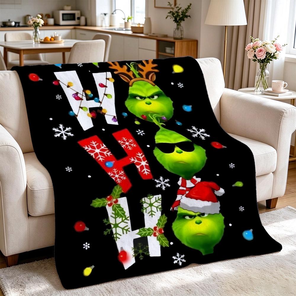Ho Ho Ho Merry Grinch Christmas Theme Cartoon Flannel Blanket Soft Warm Throw Blanket For Office Sofa Lightweight Home Decor Memorial Gift