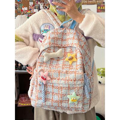 Fresh Plaid Schoolbag Junior High School Backpack Female College Student Autumn and Winter Backpack